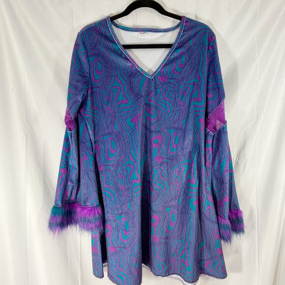 Spirit 70s Go-Go Dress/Tunic Blue Purple L, Flared Bell Sleeves Furry Cuffs - Picture 1 of 4